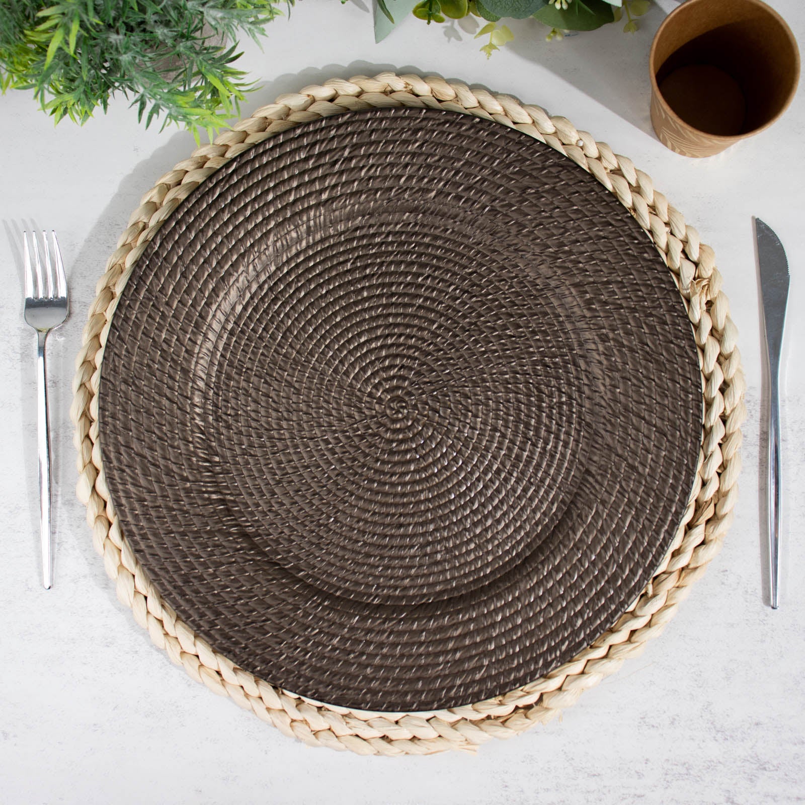12-Pack Acrylic Charger Plates 13" Round Natural Brown with Rattan-Like Design - Farmhouse Disposable Plastic Charger Tableware - Image 9