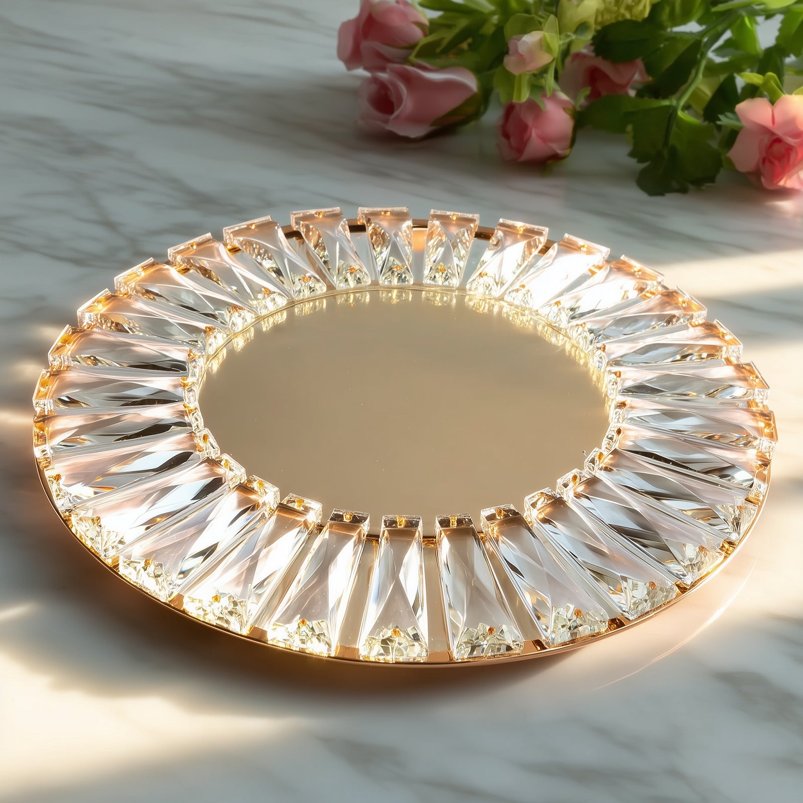2 Pack Crystal Pendant Metal Charger Plates – 14" Round Gold Mirror Glass Decorative Table Chargers - Image 8