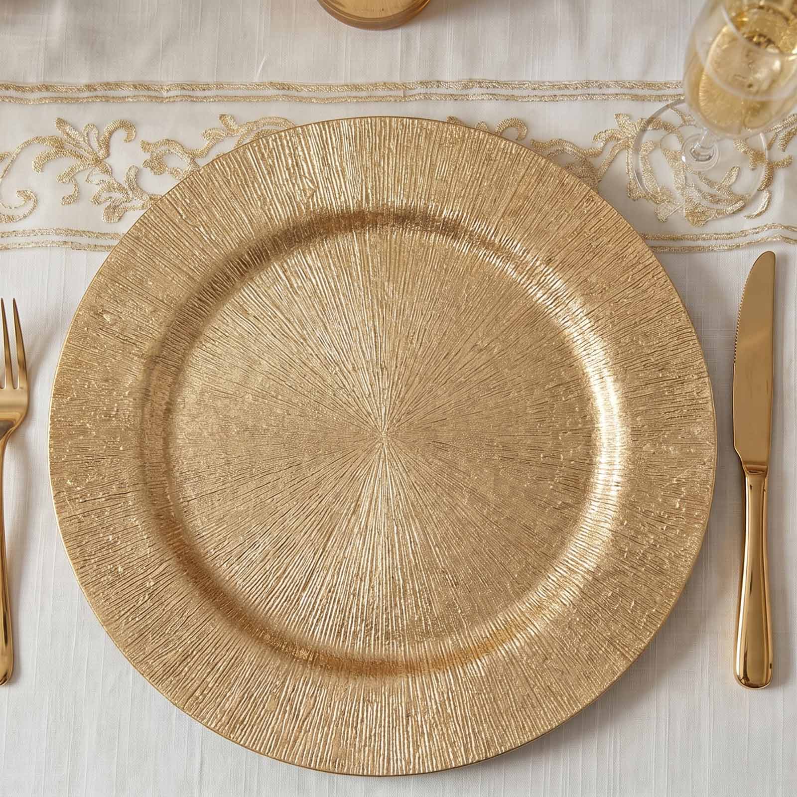 6 Pack Gold Acrylic Charger Plates 13", Round Sunburst Textured Table Chargers - Image 7