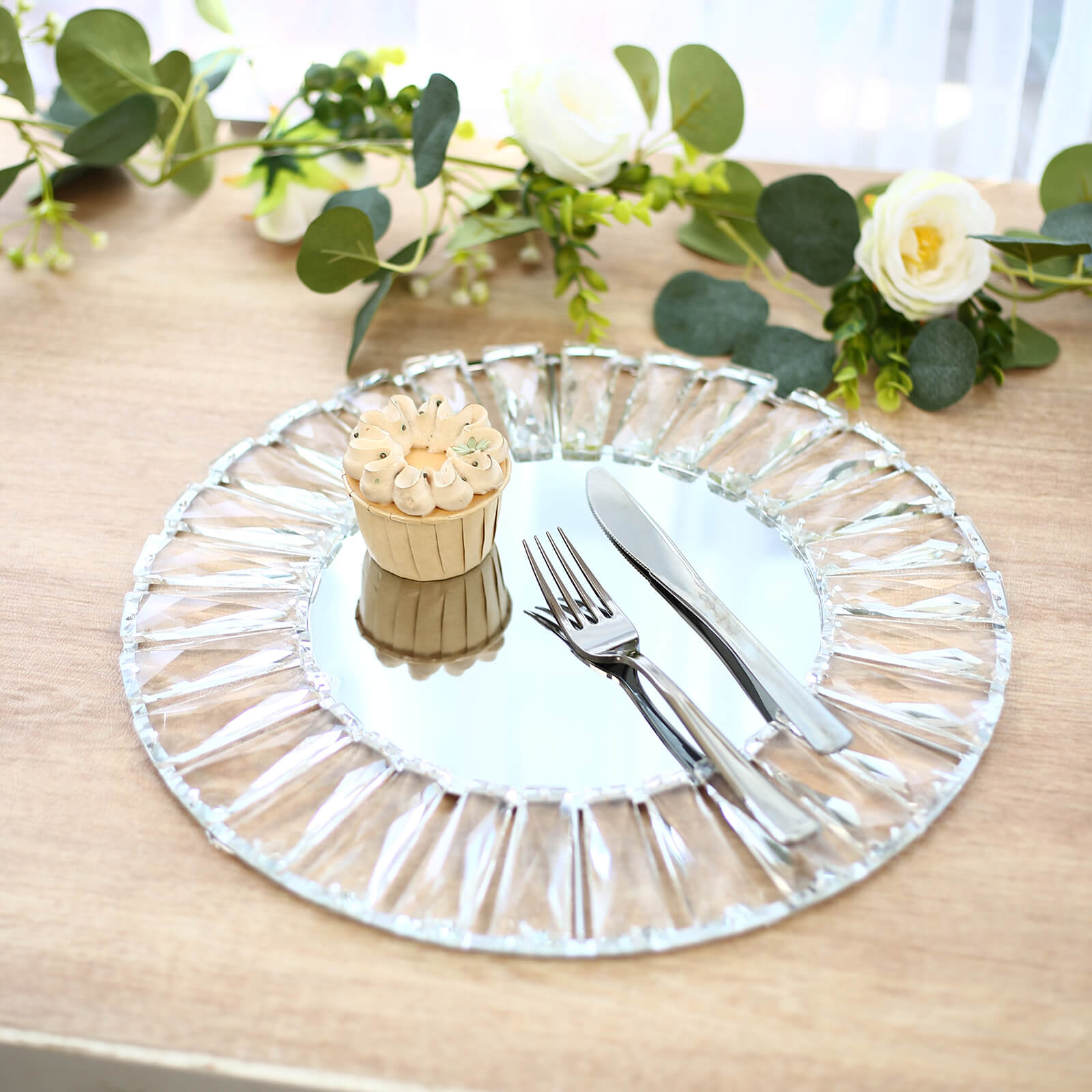 2 Pack Crystal Pendant Metal Charger Plates – 14" Round Silver Mirror Glass Decorative Table Chargers - Image 4