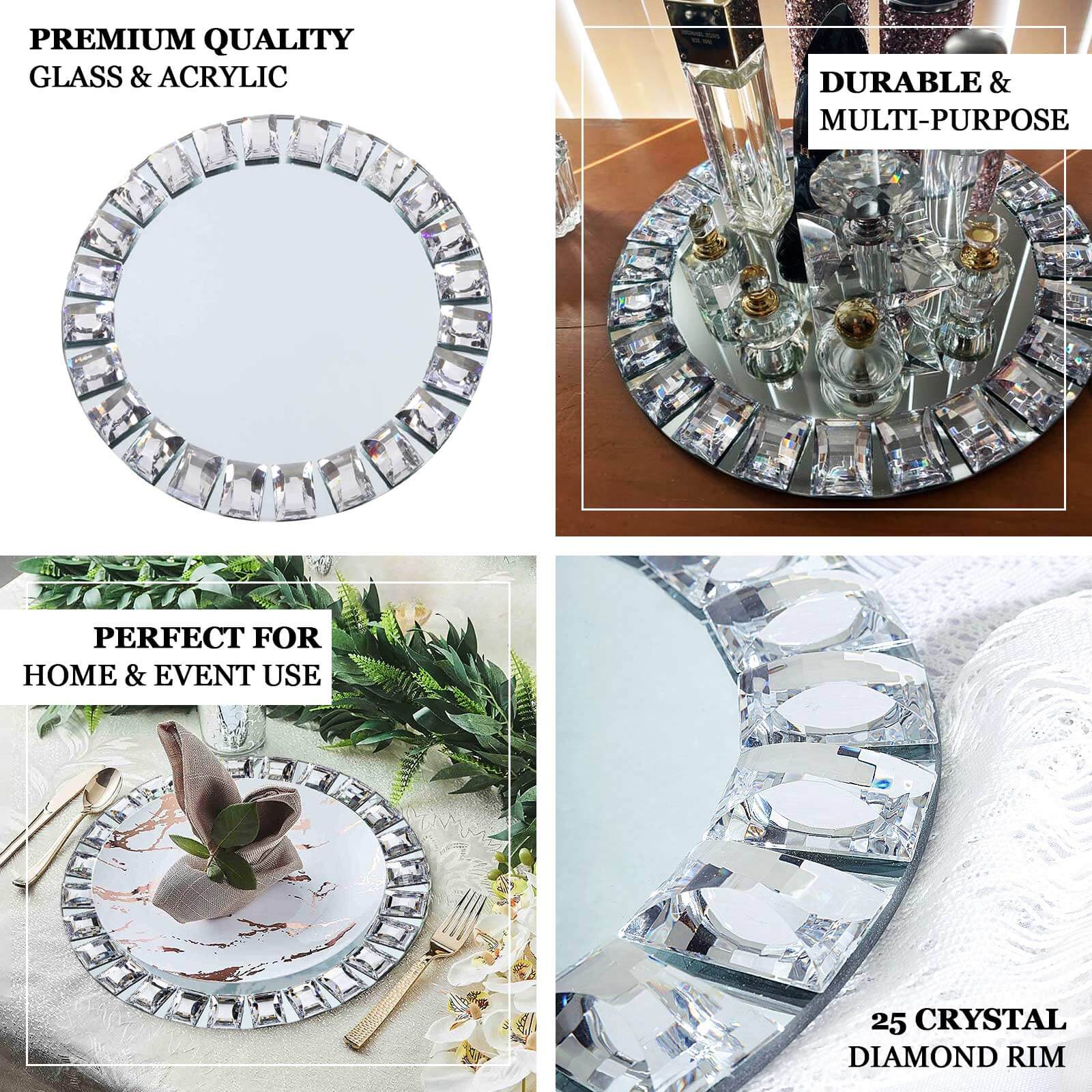 2-Pack Glass Mirror Charger Plates 13" Round Silver with Jeweled Rim - Premium Decorative Dinner Party Charger Tableware - Image 4